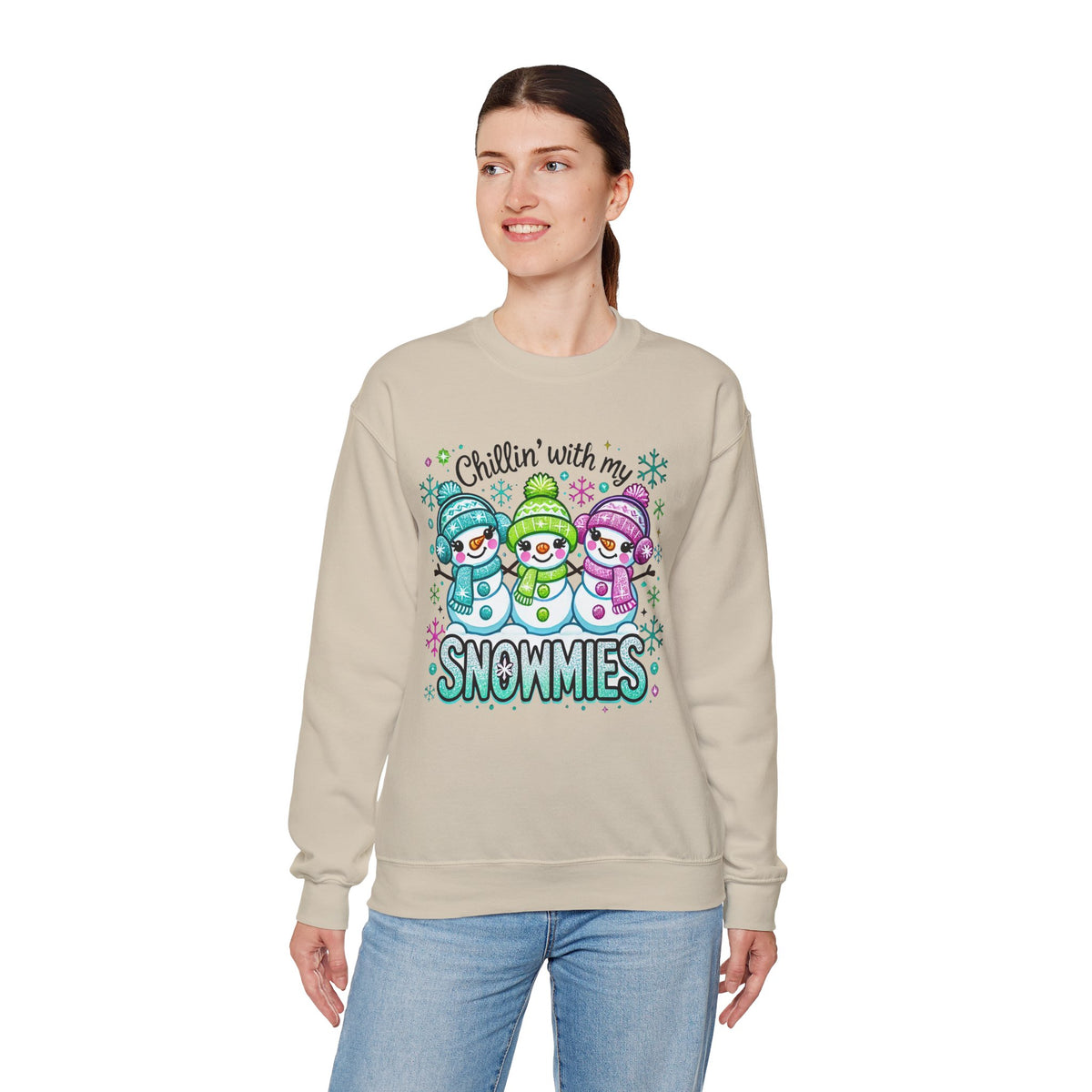 Chillin' With My Snowmies, Winter Snowman – Gildan Heavy Blend | Trendy Women’s Soft Sweatshirt. Direct to Garment. Printed & Shipped in the USA. Unisex Sizes.