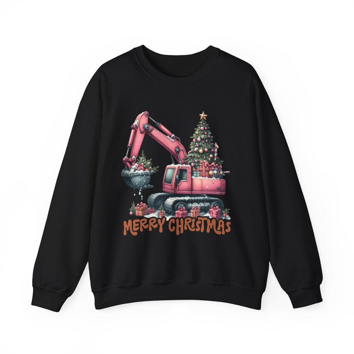 Excavator Merry Christmas Construction – Gildan Heavy Blend | Trendy Women’s Soft Sweatshirt. Direct to Garment. Printed & Shipped in the USA. Unisex Sizes.