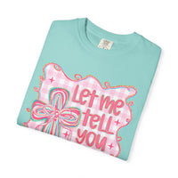 Let Me Tell You About My Jesus, Pink and Green - Comfort Colors | Trendy Women's T-Shirt. Direct to Garment. Printed & Shipped in the USA. Unisex Sizes.
