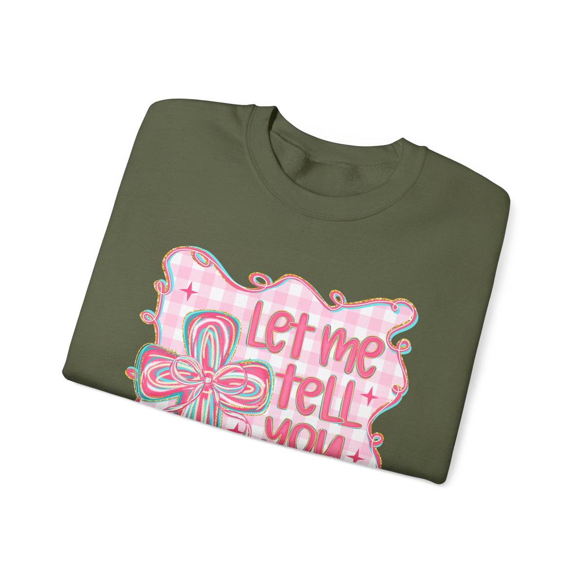 Let Me Tell You About My Jesus, Pink and Green – Gildan Heavy Blend | Trendy Women’s Soft Sweatshirt. Direct to Garment. Printed & Shipped in the USA. Unisex Sizes.
