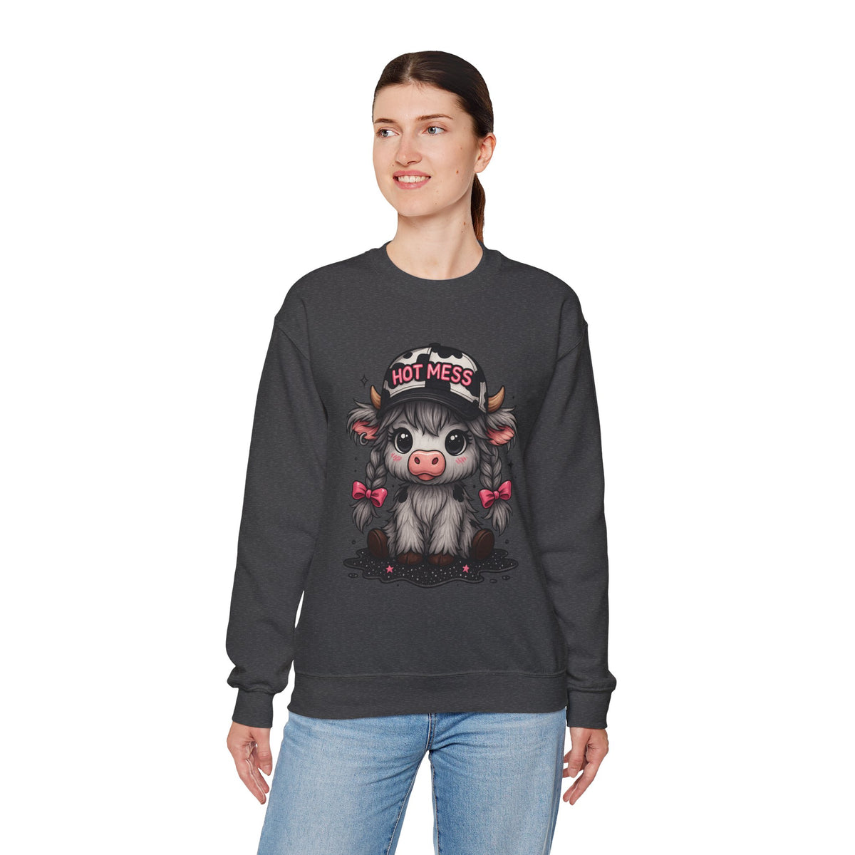 Cute Highland Cow 'Hot Mess' In Braids – Gildan Heavy Blend | Trendy Women’s Soft Sweatshirt. Direct to Garment. Printed & Shipped in the USA. Unisex Sizes.
