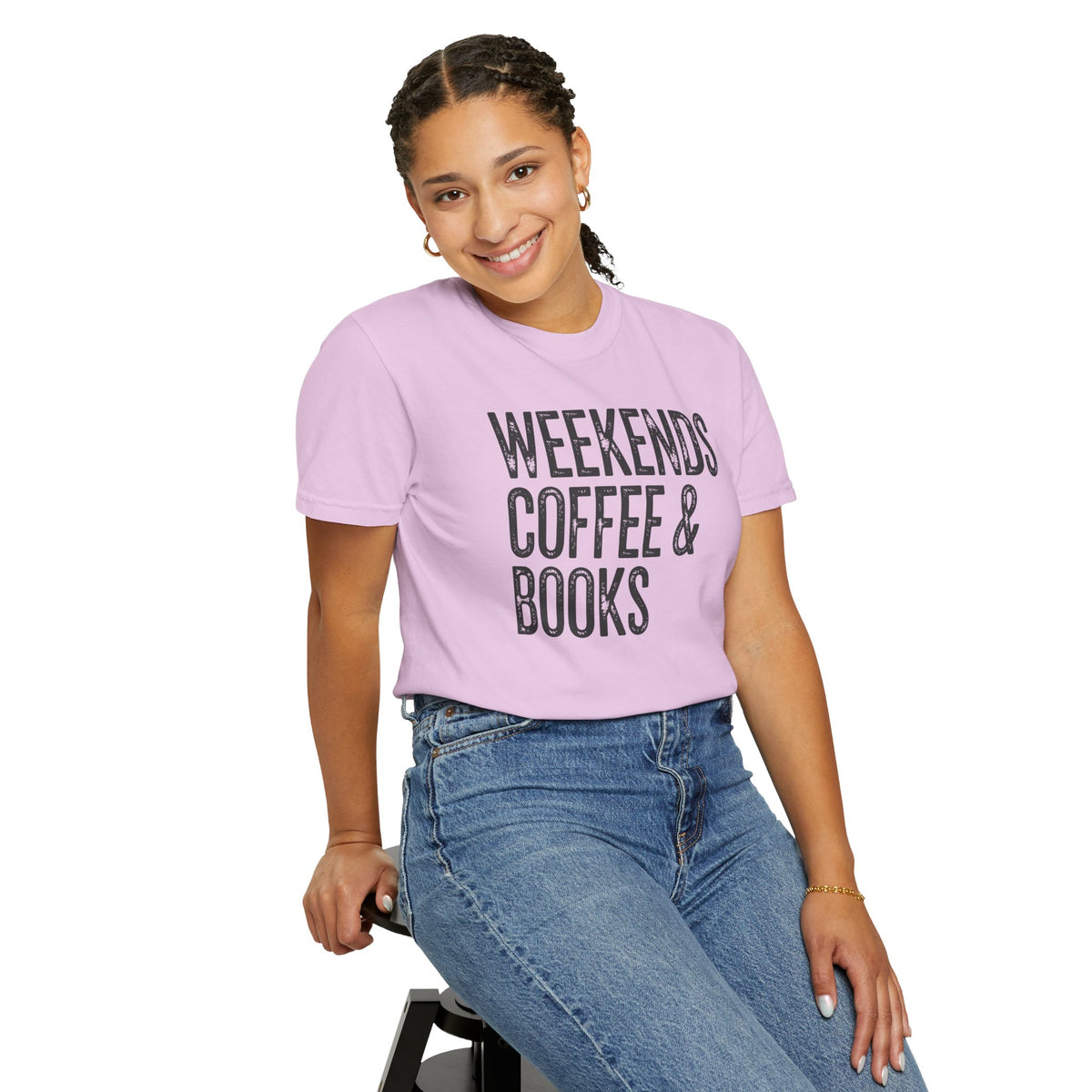 Weekends, Coffee & Books - Comfort Colors | Trendy Women's and Men's T-Shirt. Direct to Garment. Printed & Shipped in the USA. Unisex Sizes.