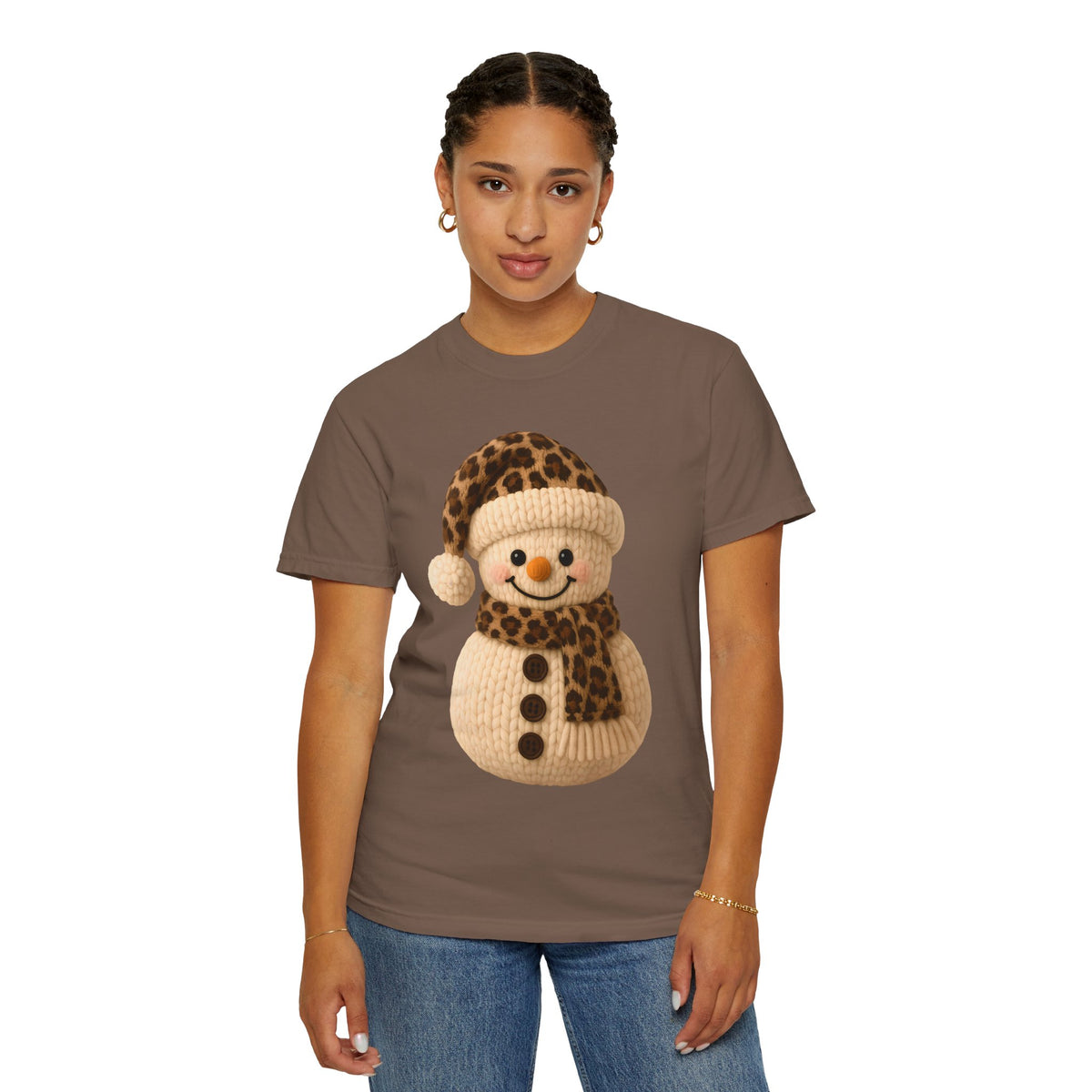 Cute Leopard Faux Knit Snowman Winter - Comfort Colors | Trendy Women's T-Shirt. Direct to Garment. Printed & Shipped in the USA. Unisex Sizes.