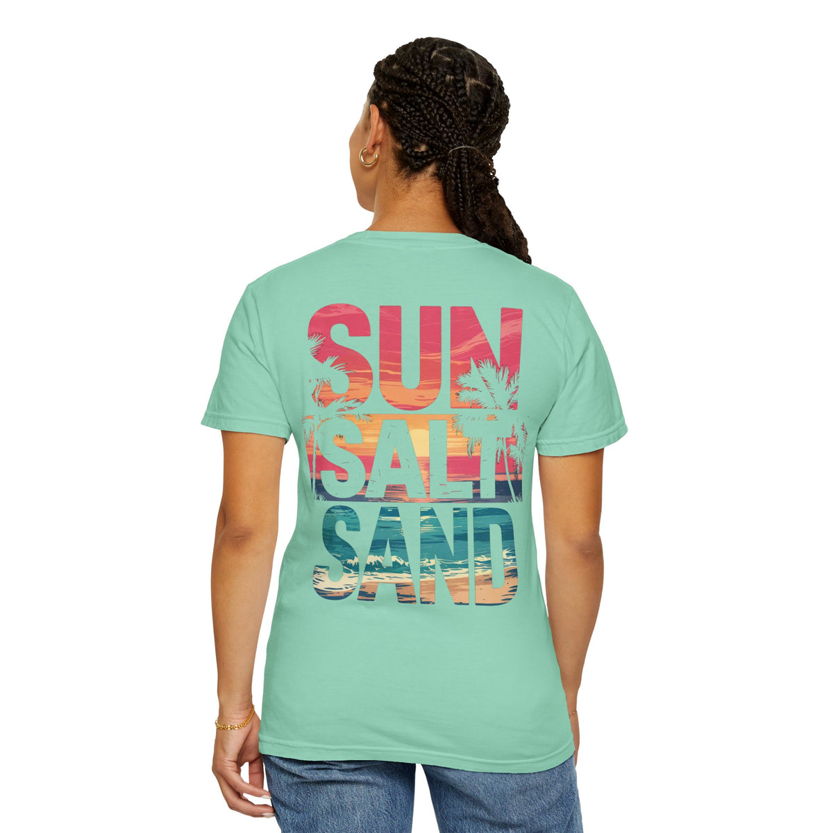 Sun Salt Sand, Beach Sunset - Front & Back Print - Comfort Colors | Trendy Women's and Men's T-Shirt. Direct to Garment. Printed & Shipped in the USA. Unisex Sizes.
