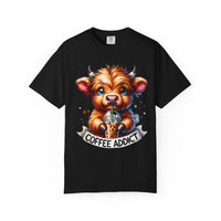 Coffee Addict Highland Cow Drinking Iced Coffee - Comfort Colors | Trendy Women's T-Shirt. Direct to Garment. Printed & Shipped in the USA. Unisex Sizes.