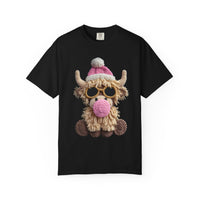 Faux Crochet Highland Cow Bubblegum - Comfort Colors | Trendy Women's T-Shirt. Direct to Garment. Printed & Shipped in the USA. Unisex Sizes.