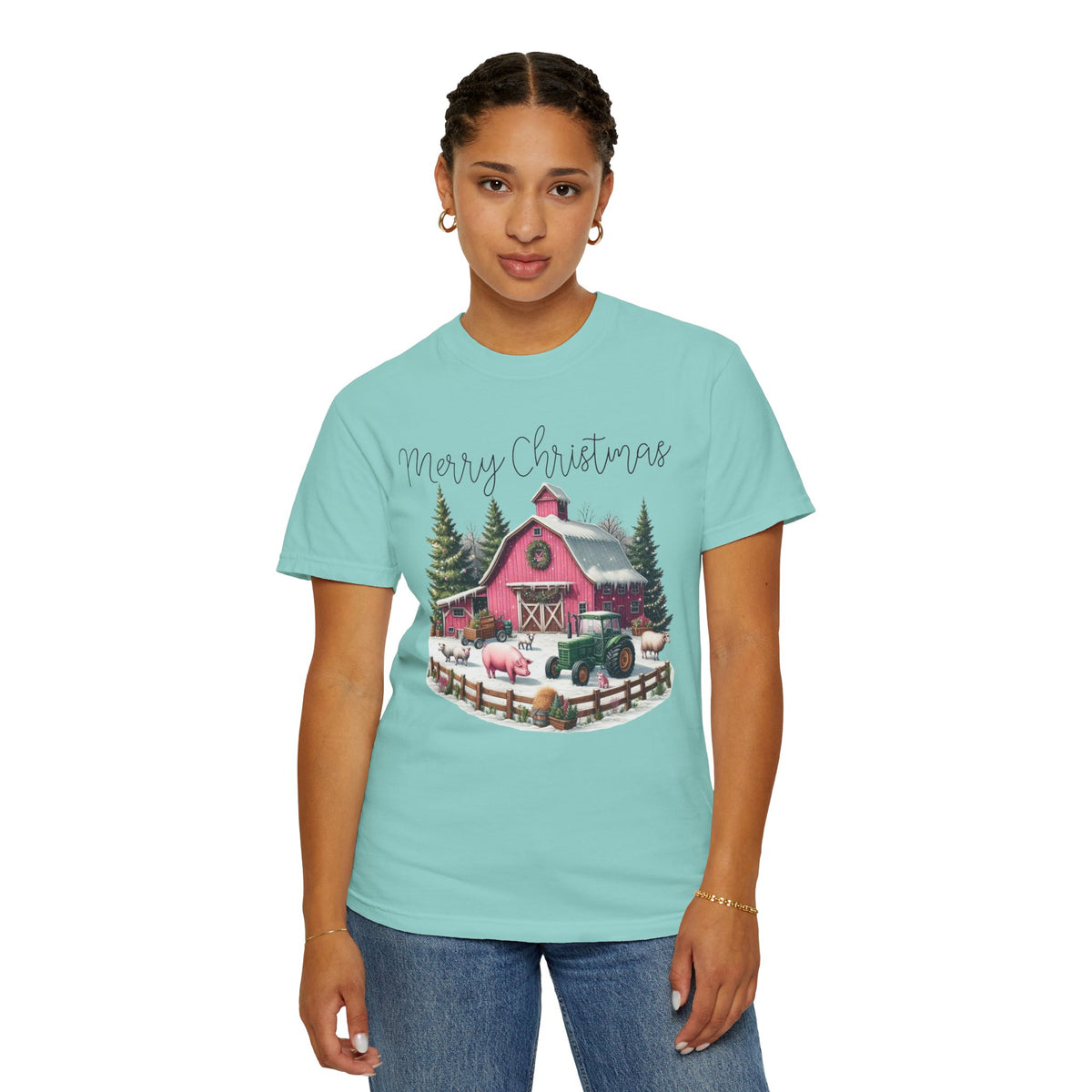Merry Christmas Pink Barn Farm Animals - Comfort Colors | Trendy Women's T-Shirt. Direct to Garment. Printed & Shipped in the USA. Unisex Sizes.