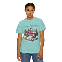 Merry Christmas Pink Barn Farm Animals - Comfort Colors | Trendy Women's T-Shirt. Direct to Garment. Printed & Shipped in the USA. Unisex Sizes.