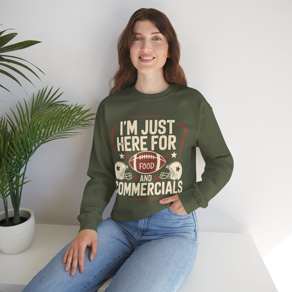 I'm Just Here for Food and Commercials – Gildan Heavy Blend | Trendy Women’s and Men's Soft Sweatshirt. Direct to Garment. Printed & Shipped in the USA. Unisex Sizes.