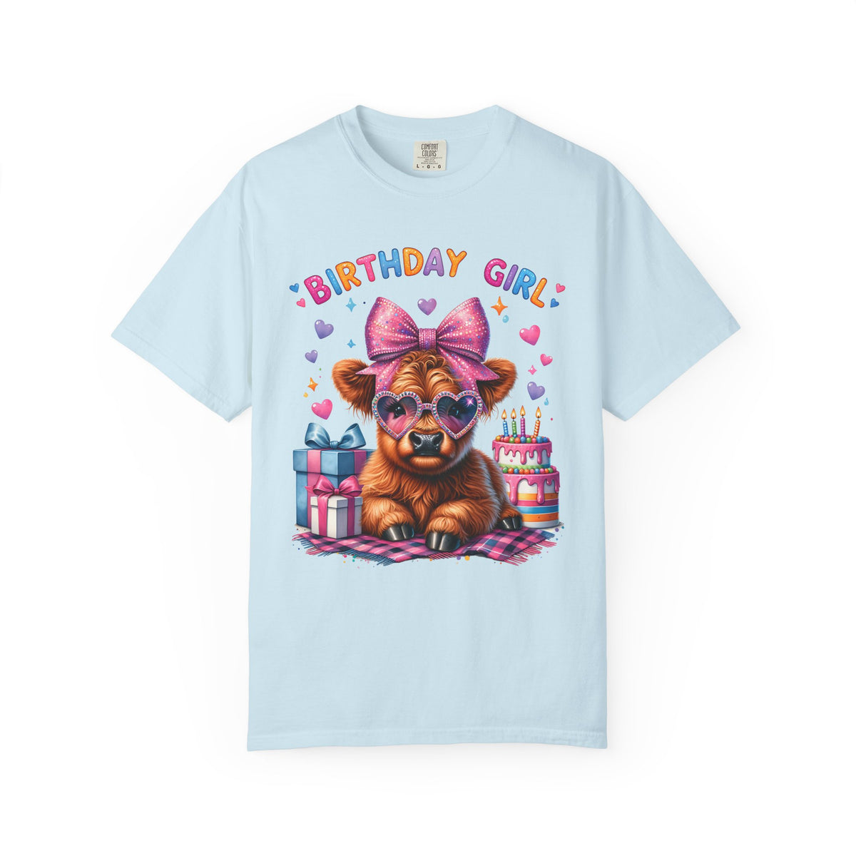 Birthday Girl, Highland Cow - Comfort Colors | Trendy Women's T-Shirt. Direct to Garment. Printed & Shipped in the USA. Unisex Sizes.