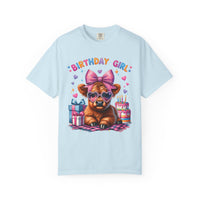 Birthday Girl, Highland Cow - Comfort Colors | Trendy Women's T-Shirt. Direct to Garment. Printed & Shipped in the USA. Unisex Sizes.