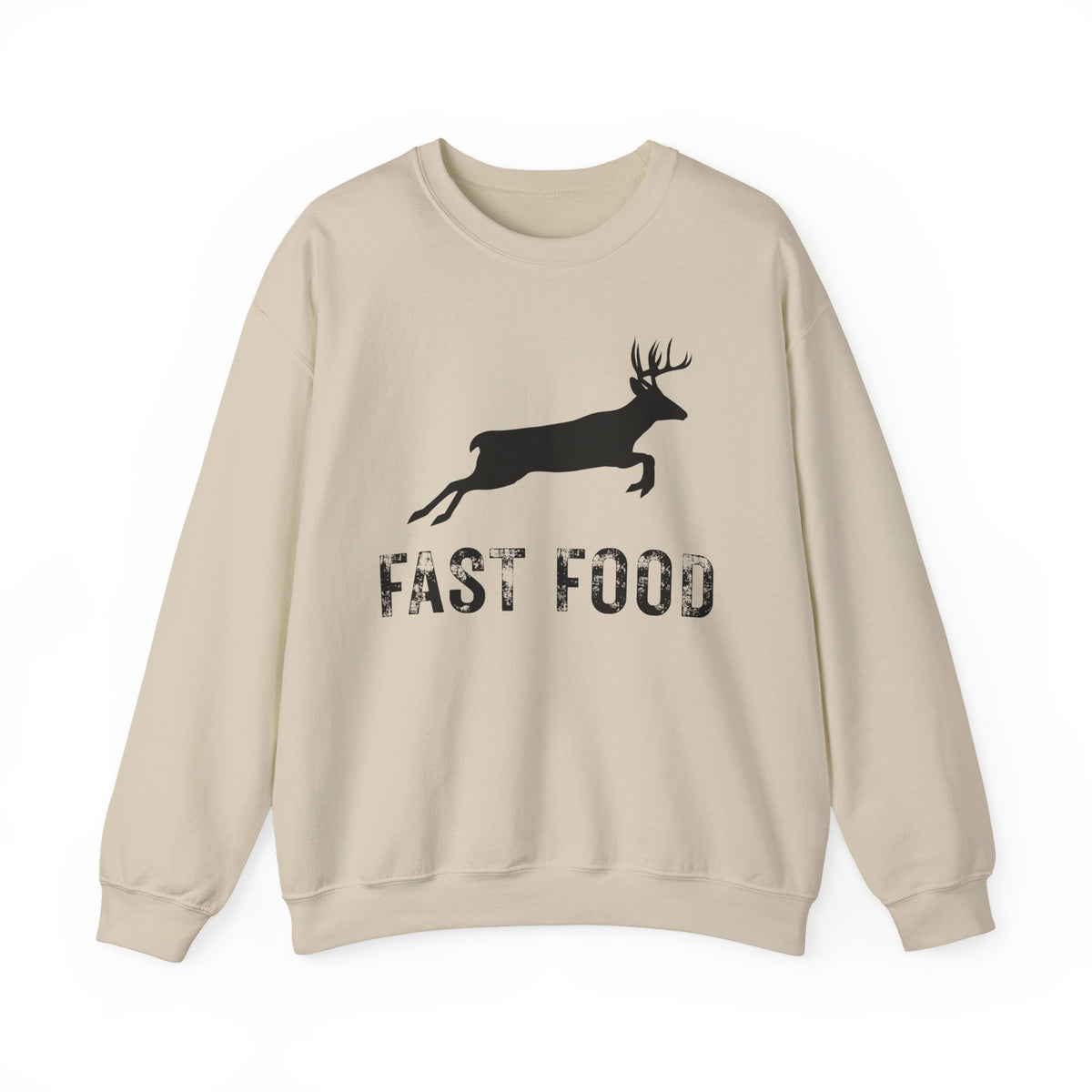Fast Food Deer Hunting Humor Distressed – Gildan Heavy Blend | Trendy Men's and Women’s Soft Sweatshirt. Direct to Garment. Printed & Shipped in the USA. Unisex Sizes.