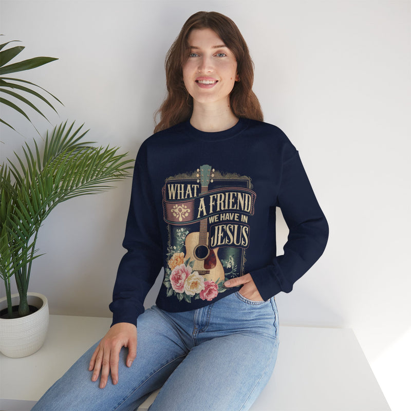 What a Friend We Have in Jesus, Guitar Vintage – Gildan Heavy Blend | Trendy Women’s Soft Sweatshirt. Direct to Garment. Printed & Shipped in the USA. Unisex Sizes.