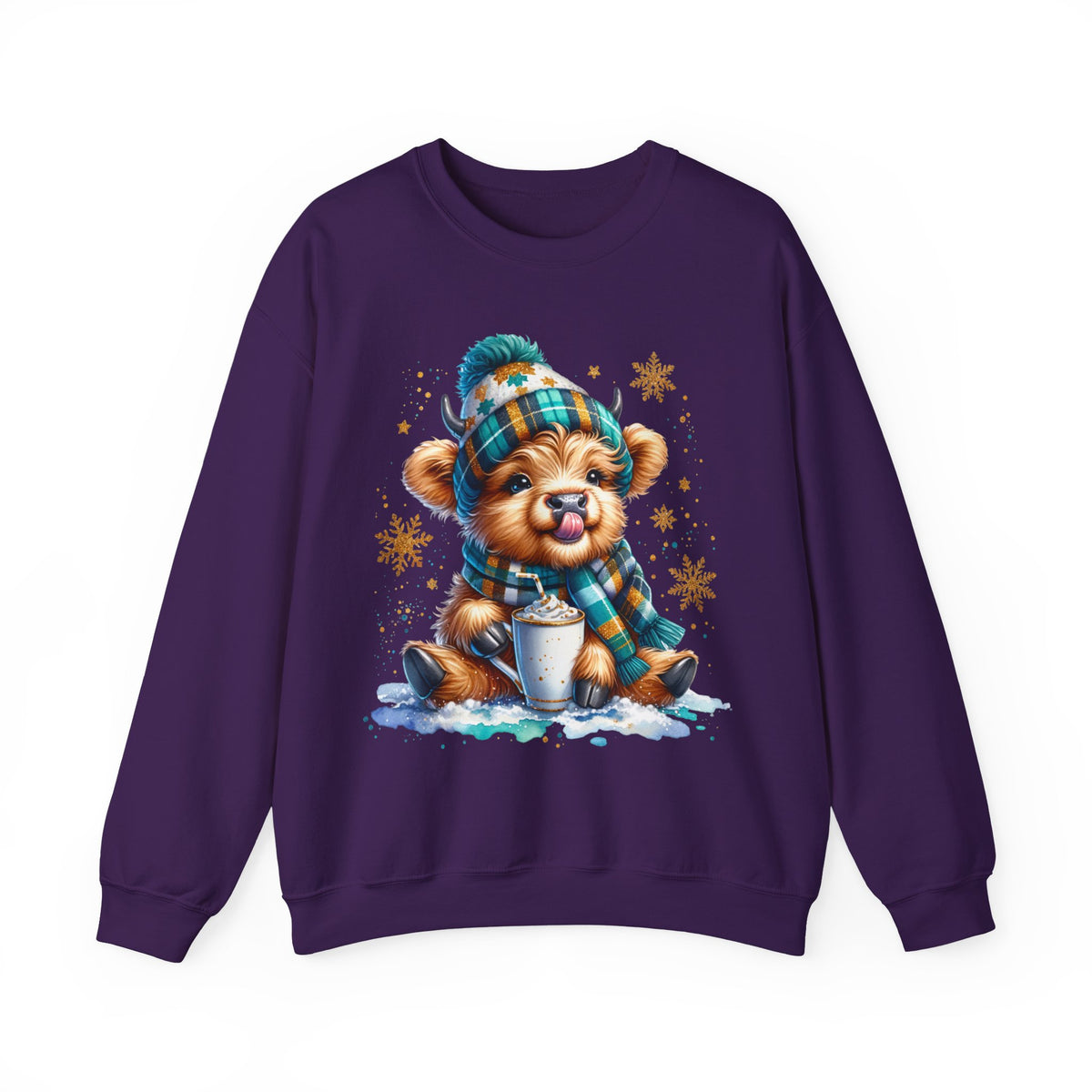 Winter Baby Highland Cow with Cocoa – Gildan Heavy Blend | Trendy Women’s Soft Sweatshirt. Direct to Garment. Printed & Shipped in the USA. Unisex Sizes.