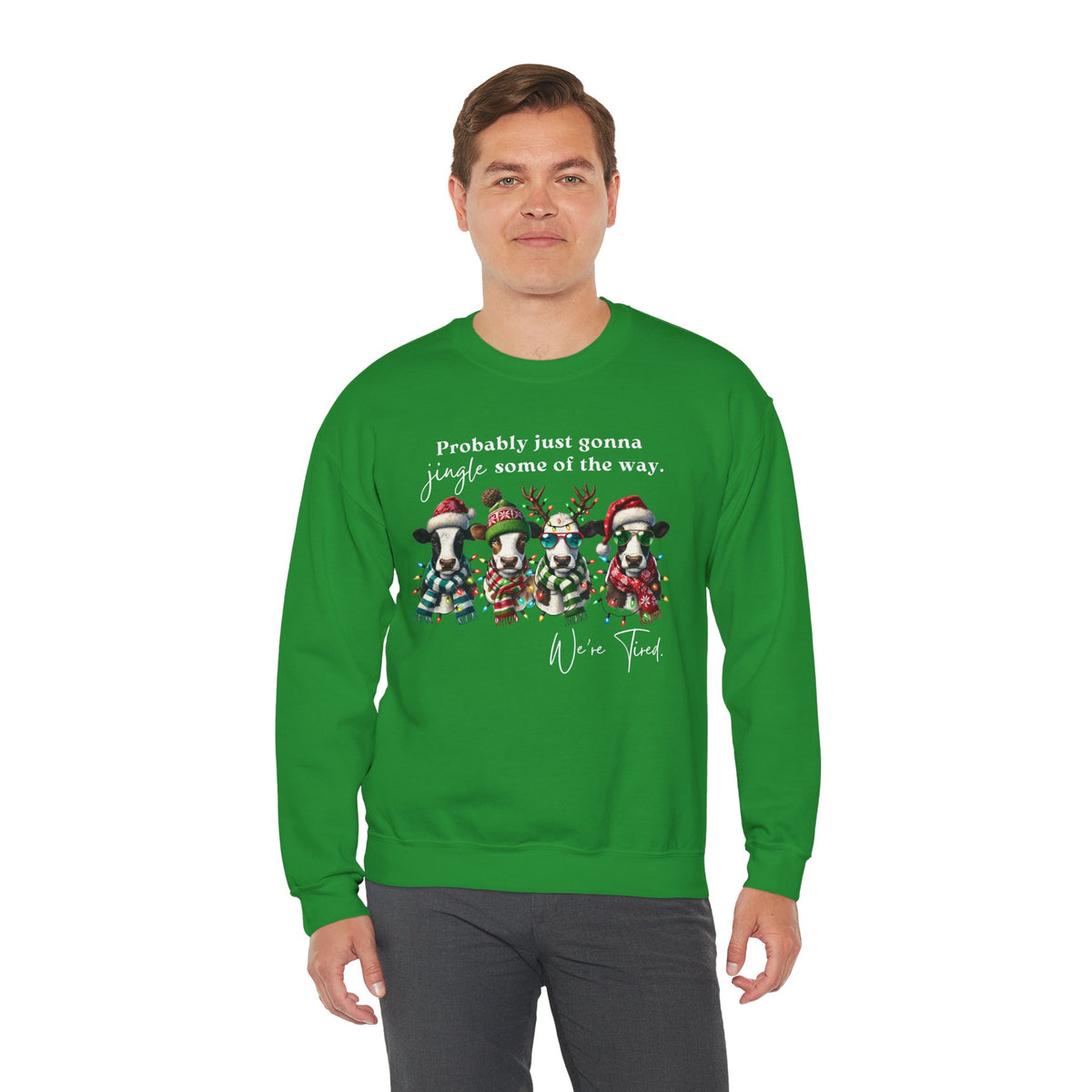 Christmas Cows - Probably Just Gonna Jingle Some Of The Way – Gildan Heavy Blend | Trendy Women’s and Men's Soft Sweatshirt. Direct to Garment. Printed & Shipped in the USA. Unisex Sizes.