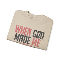 When God Made Me "This'll Be Fun" Christian Faith Distressed – Gildan Heavy Blend | Trendy Women’s and Men's Soft Sweatshirt. Direct to Garment. Printed & Shipped in the USA. Unisex Sizes.