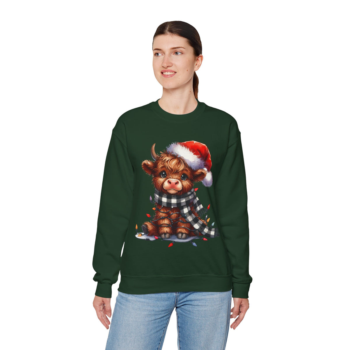 Cute Highland Cow Santa Hat Scarf Christmas Lights – Gildan Heavy Blend | Trendy Women’s Soft Sweatshirt. Direct to Garment. Printed & Shipped in the USA. Unisex Sizes.