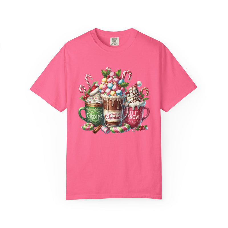 Hot Chocolate Mugs Christmas Hot Cocoa  - Comfort Colors | Trendy Women's T-Shirt. Direct to Garment. Printed & Shipped in the USA. Unisex Sizes.