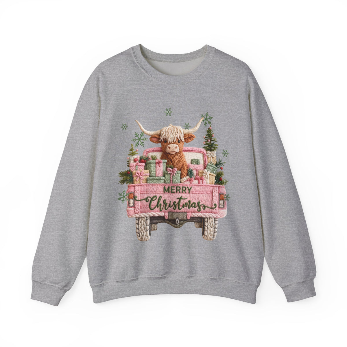 Highland Cow in Pink Truck Merry Christmas Holiday Farmhouse – Gildan Heavy Blend | Trendy Women’s Soft Sweatshirt. Direct to Garment. Printed & Shipped in the USA. Unisex Sizes.