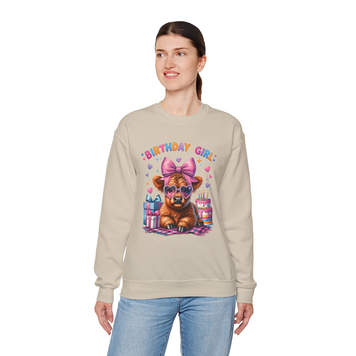 Birthday Girl, Highland Cow – Gildan Heavy Blend | Trendy Women’s Soft Sweatshirt. Direct to Garment. Printed & Shipped in the USA. Unisex Sizes.