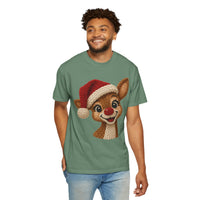 Cute Rudolph Faux Knit Look Reindeer w/Santa Hat - Comfort Colors | Trendy Women's T-Shirt. Direct to Garment. Printed & Shipped in the USA. Unisex Sizes.
