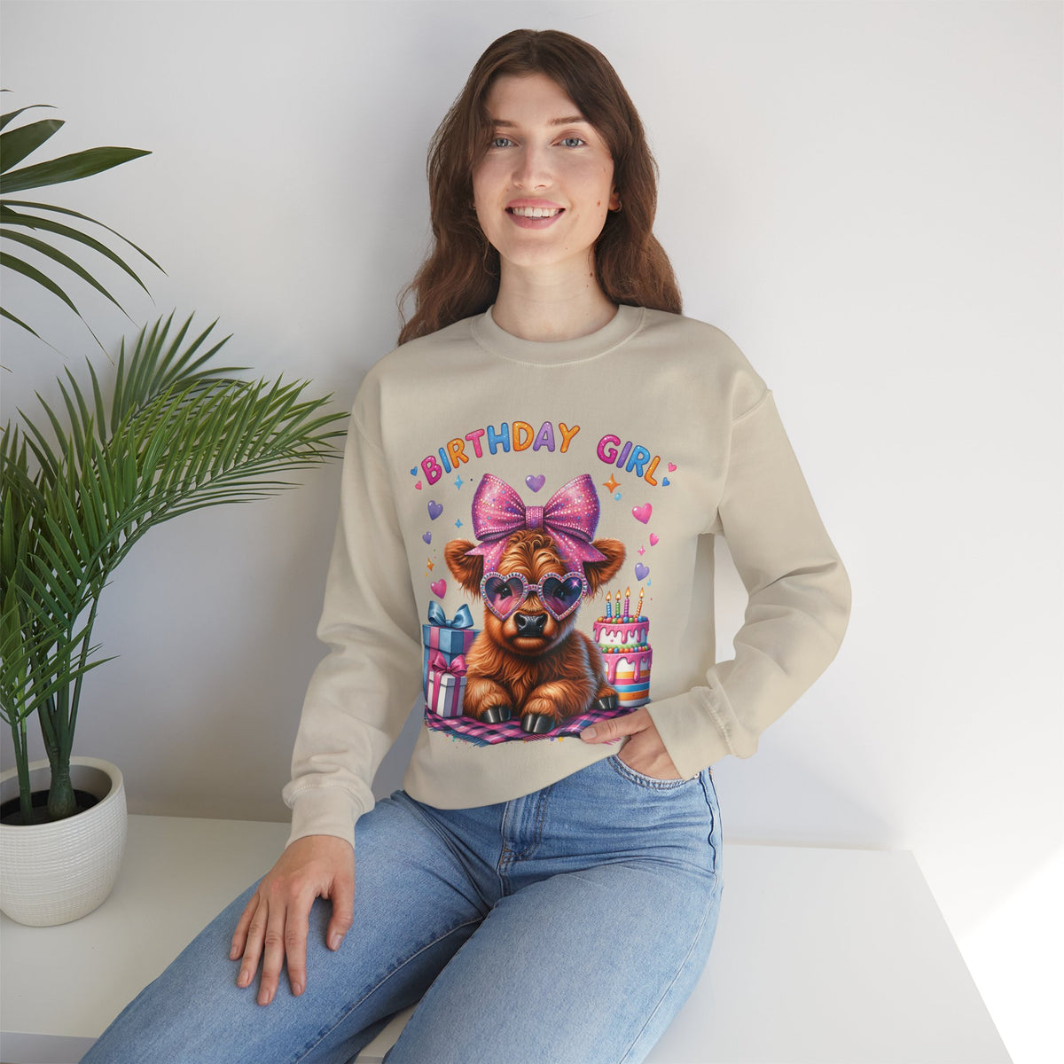Birthday Girl, Highland Cow – Gildan Heavy Blend | Trendy Women’s Soft Sweatshirt. Direct to Garment. Printed & Shipped in the USA. Unisex Sizes.