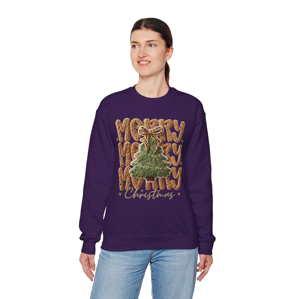 Merry Merry Merry Christmas, Faux Latch Hook Yarn – Gildan Heavy Blend | Trendy Women’s Soft Sweatshirt. Direct to Garment. Printed & Shipped in the USA. Unisex Sizes.
