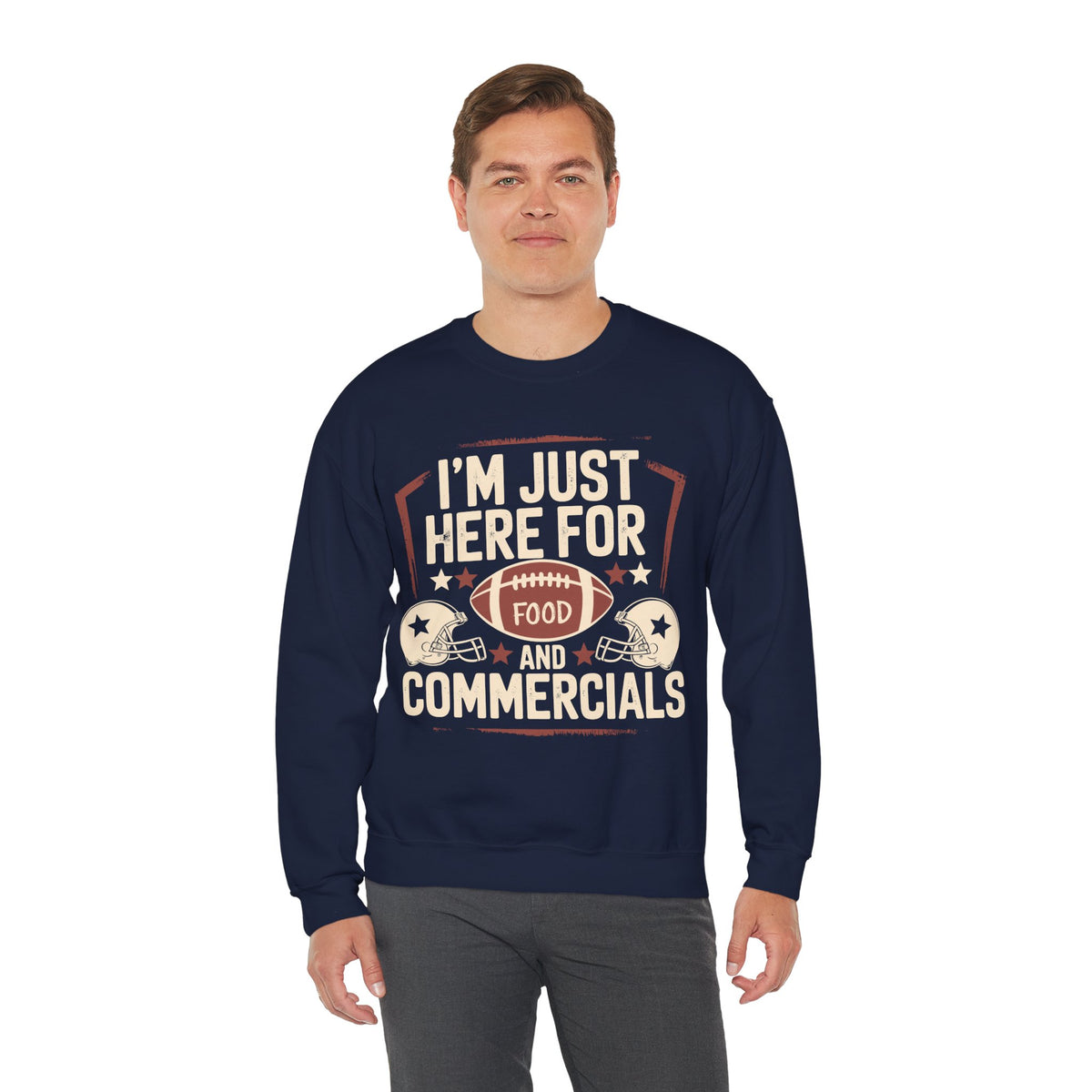 I'm Just Here for Food and Commercials – Gildan Heavy Blend | Trendy Women’s and Men's Soft Sweatshirt. Direct to Garment. Printed & Shipped in the USA. Unisex Sizes.