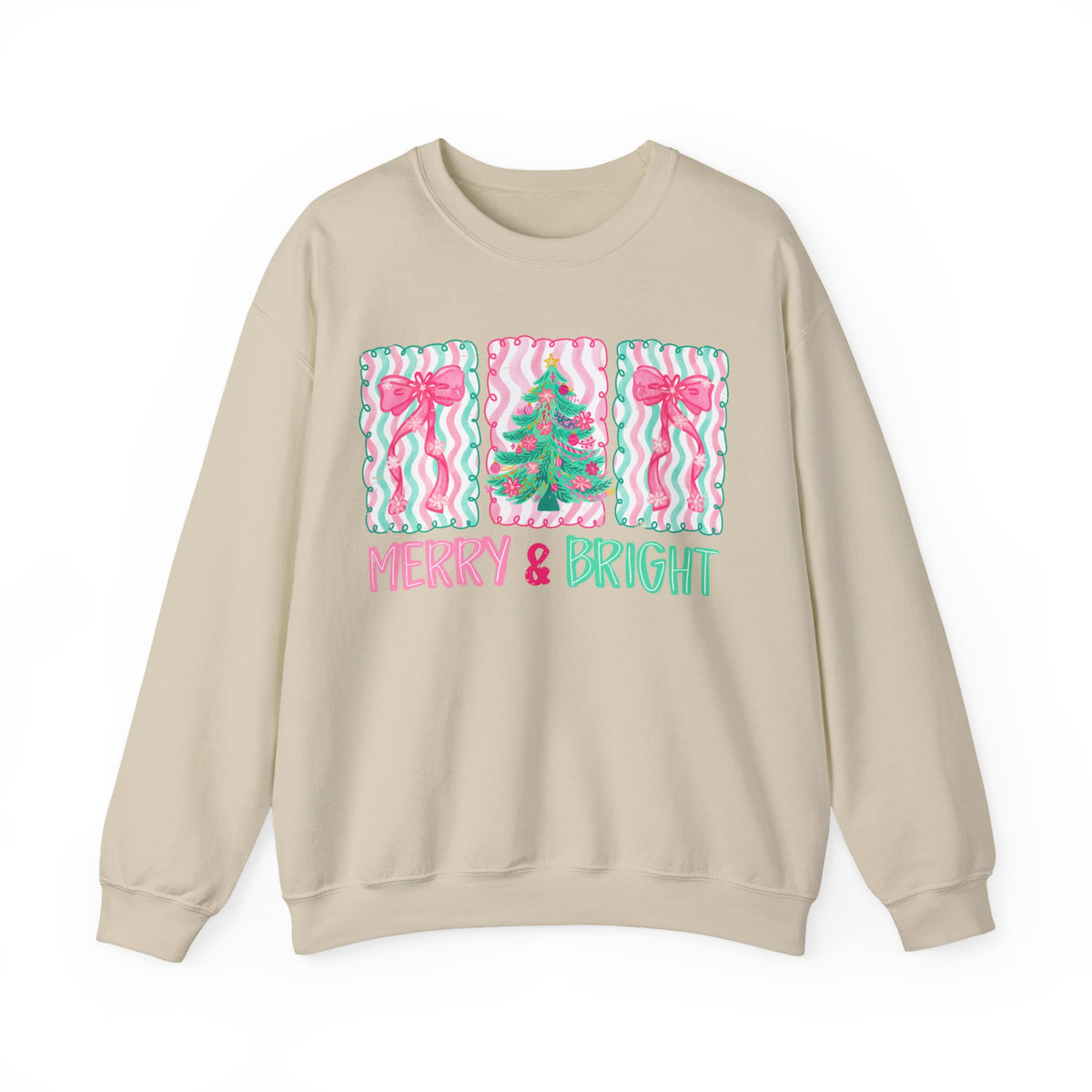 Merry & Bright Christmas - Pink & Green Holiday Tree Design – Gildan Heavy Blend | Trendy Women’s Soft Sweatshirt. Direct to Garment. Printed & Shipped in the USA. Unisex Sizes.