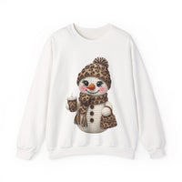 Leopard Snowman - Leopard Purse, Drink, Hat & Scarf – Gildan Heavy Blend | Trendy Women’s Soft Sweatshirt. Direct to Garment. Printed & Shipped in the USA. Unisex Sizes.