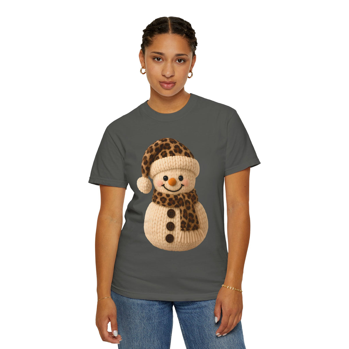 Cute Leopard Faux Knit Snowman Winter - Comfort Colors | Trendy Women's T-Shirt. Direct to Garment. Printed & Shipped in the USA. Unisex Sizes.