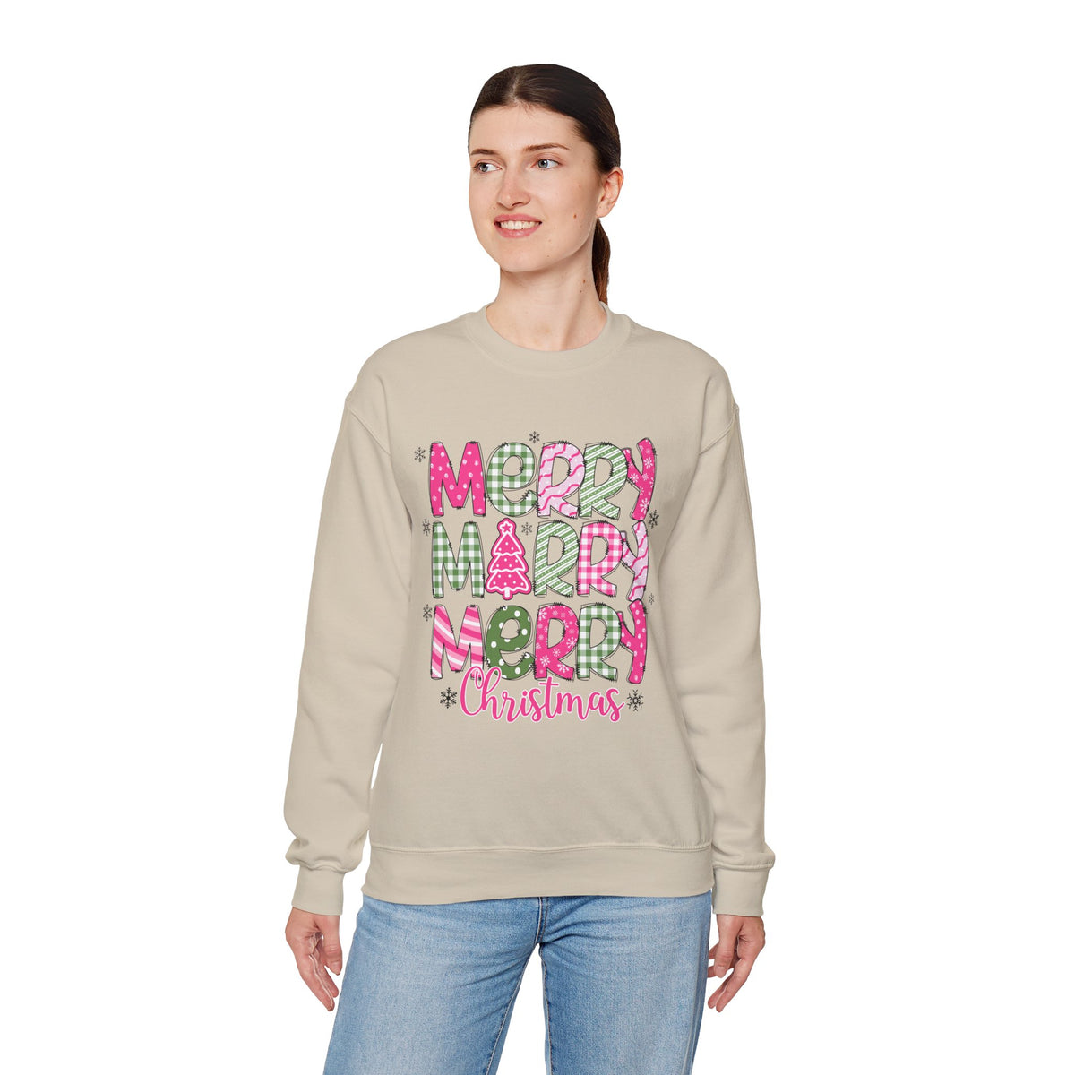 Merry Merry Merry Christmas Festive Candy Cane - Pink and Green – Gildan Heavy Blend | Trendy Women’s Soft Sweatshirt. Direct to Garment. Printed & Shipped in the USA. Unisex Sizes.