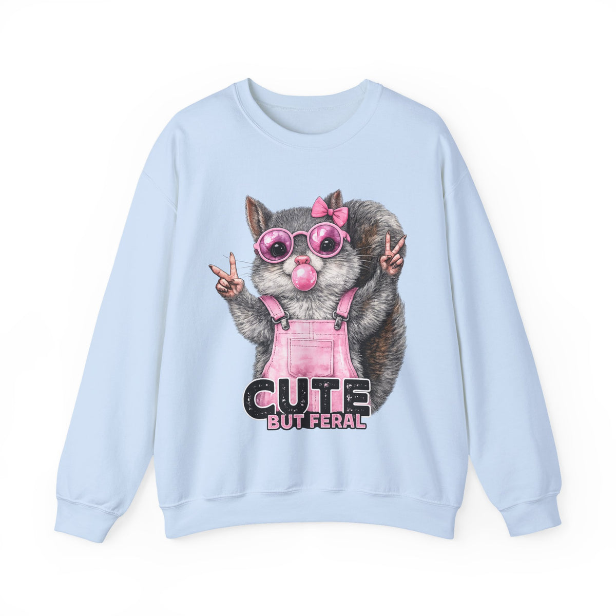 Cute But Feral, Squirrel in Pink Bibs – Gildan Heavy Blend | Trendy Women’s Soft Sweatshirt. Direct to Garment. Printed & Shipped in the USA. Unisex Sizes.