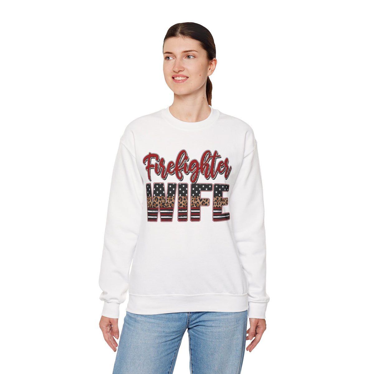 Firefighter Wife Patriotic Flag Lettering for Firefighter Spouse – Gildan Heavy Blend | Trendy Women’s Soft Sweatshirt. Direct to Garment. Printed & Shipped in the USA. Unisex Sizes.