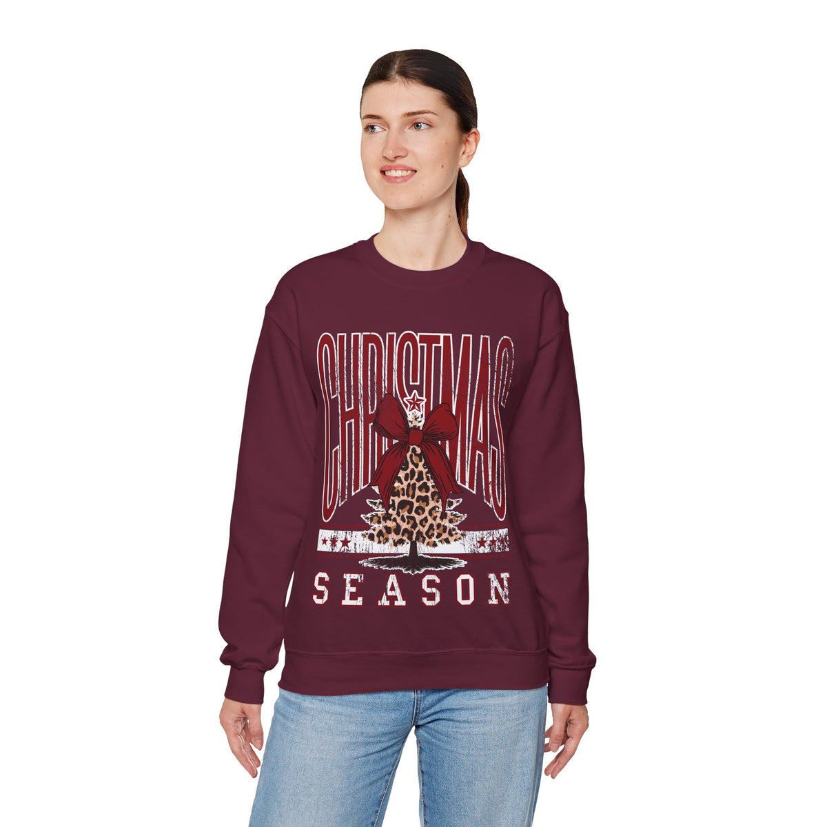 Christmas Season Leopard Tree Distressed – Gildan Heavy Blend | Trendy Women’s Soft Sweatshirt. Direct to Garment. Printed & Shipped in the USA. Unisex Sizes.