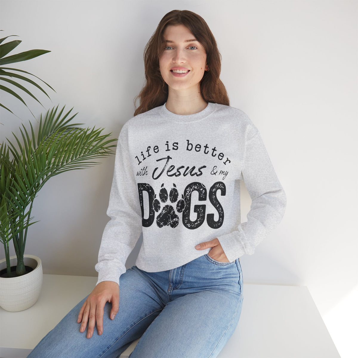 Life is Better With Jesus and My Dogs – Gildan Heavy Blend | Trendy Women’s and Men's Soft Sweatshirt. Direct to Garment. Printed & Shipped in the USA. Unisex Sizes.