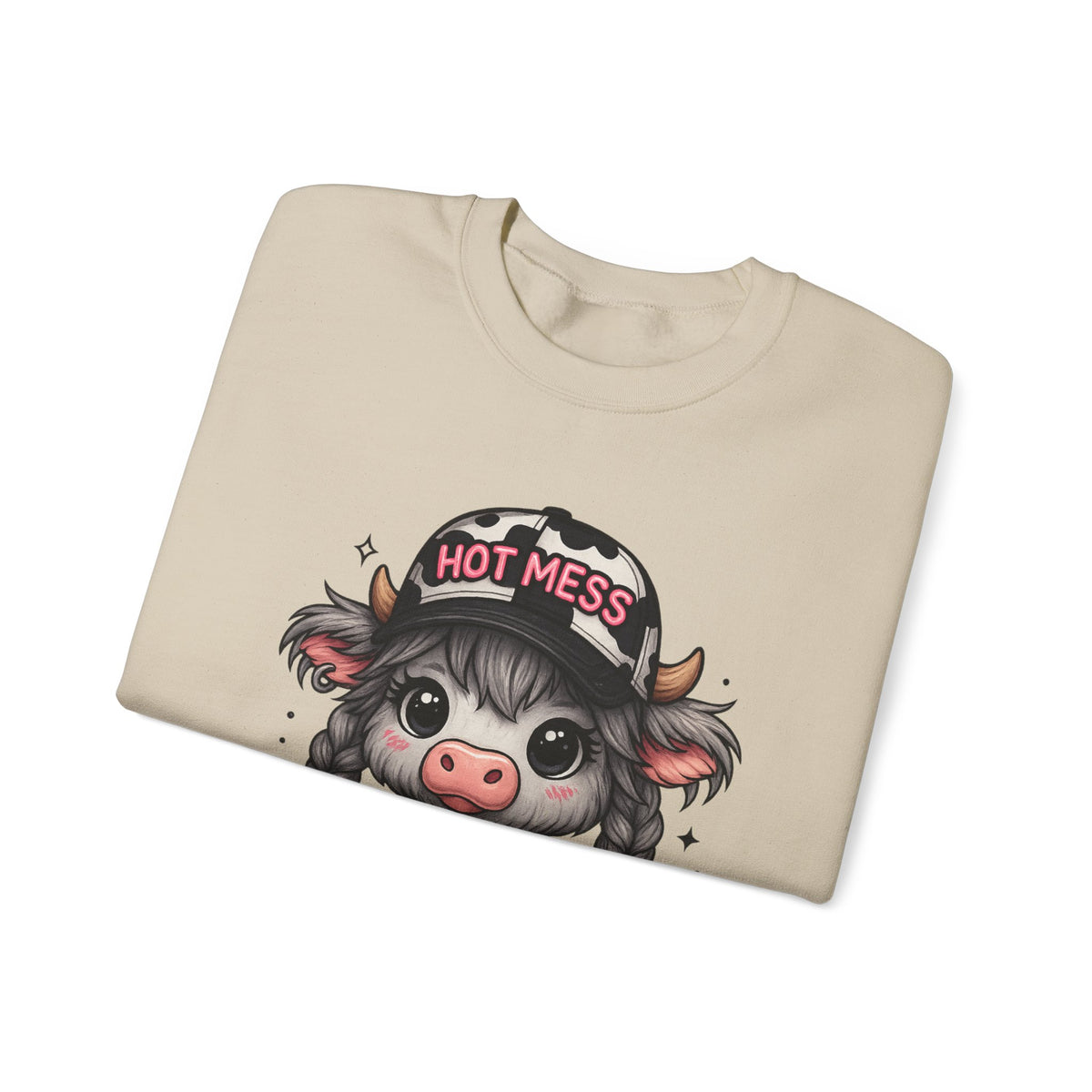 Cute Highland Cow 'Hot Mess' In Braids – Gildan Heavy Blend | Trendy Women’s Soft Sweatshirt. Direct to Garment. Printed & Shipped in the USA. Unisex Sizes.