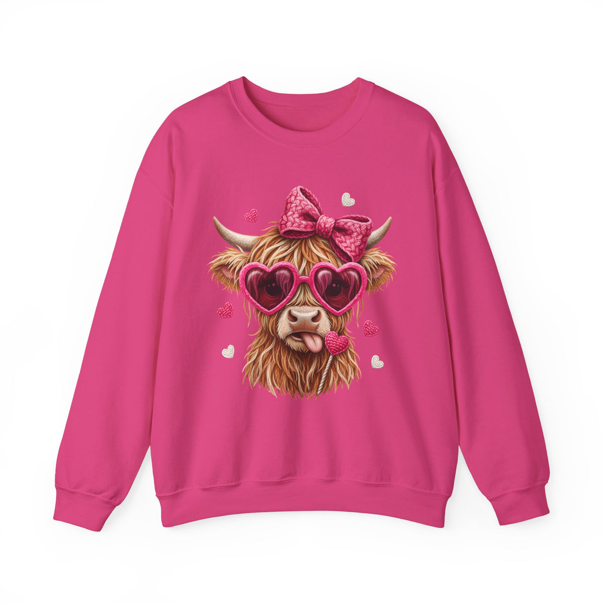 Highland Cow - Pink Heart Shaped Glasses – Gildan Heavy Blend | Trendy Women’s Soft Sweatshirt. Direct to Garment. Printed & Shipped in the USA. Unisex Sizes.