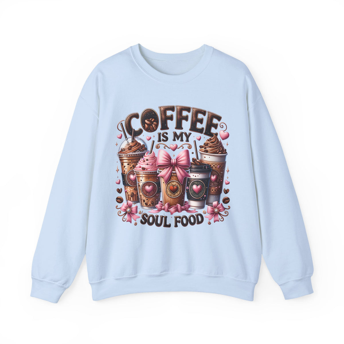 Coffee Is My Soul Food, Iced Coffee, Pink Bow – Gildan Heavy Blend | Trendy Women’s Soft Sweatshirt. Direct to Garment. Printed & Shipped in the USA. Unisex Sizes.