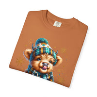 Winter Baby Highland Cow with Cocoa  - Comfort Colors | Trendy Women's T-Shirt. Direct to Garment. Printed & Shipped in the USA. Unisex Sizes.