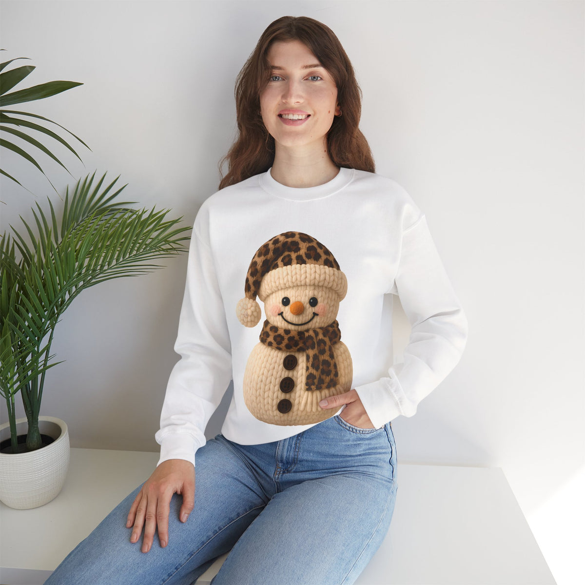 Cute Leopard Faux Knit Snowman Winter – Gildan Heavy Blend | Trendy Women’s Soft Sweatshirt. Direct to Garment. Printed & Shipped in the USA. Unisex Sizes.