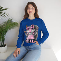 Cute But Feral, Squirrel in Pink Bibs – Gildan Heavy Blend | Trendy Women’s Soft Sweatshirt. Direct to Garment. Printed & Shipped in the USA. Unisex Sizes.