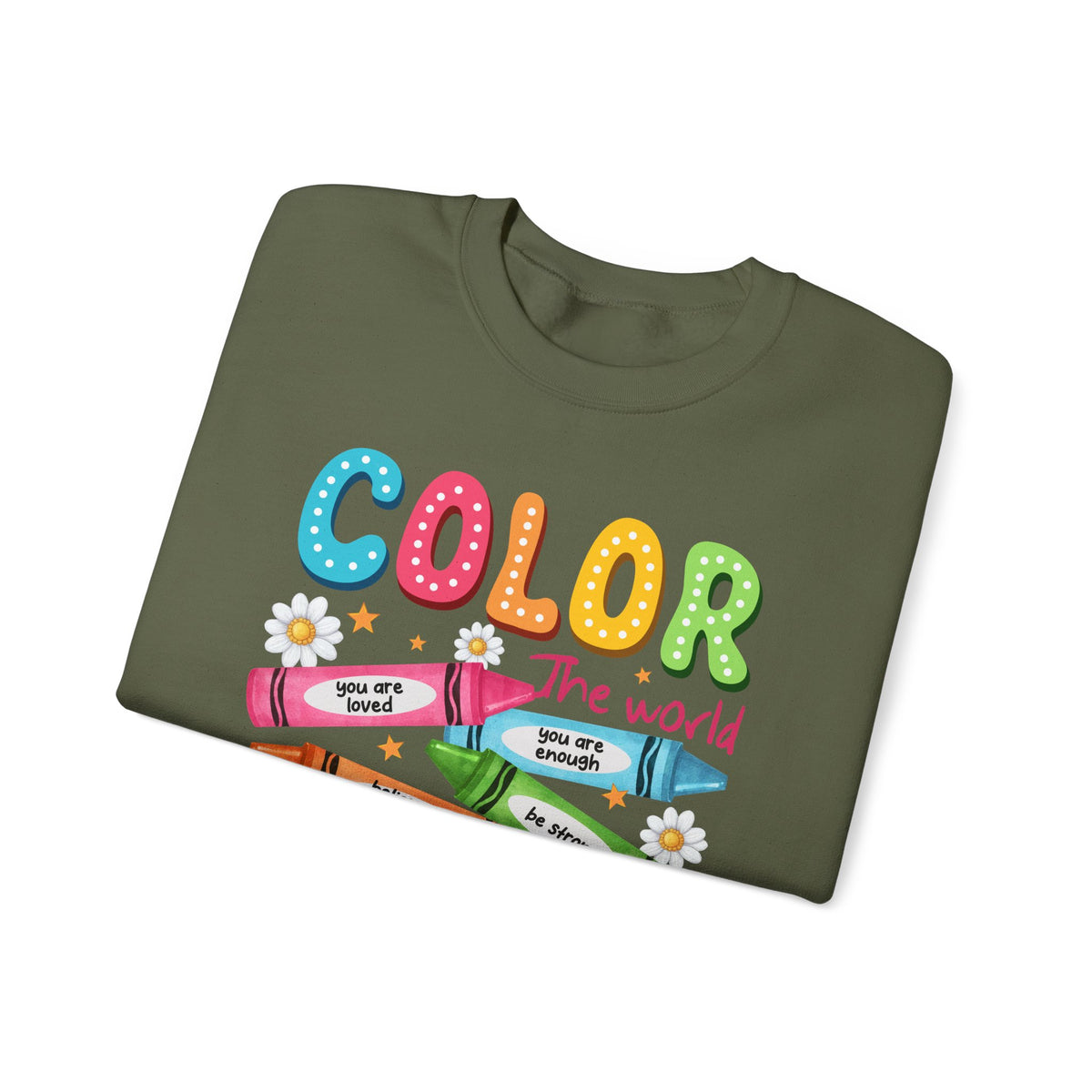 Color the World With Kindness Crayons, Great Teacher Gift – Gildan Heavy Blend | Trendy Women’s and Men's Soft Sweatshirt. Direct to Garment. Printed & Shipped in the USA. Unisex Sizes.