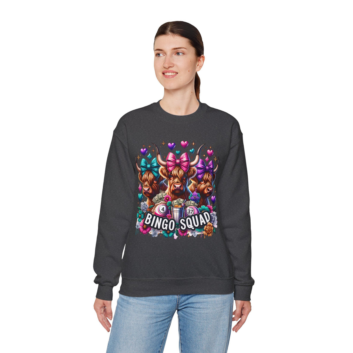 Cute Highland Cows Bingo Squad – Gildan Heavy Blend | Trendy Women’s Soft Sweatshirt. Direct to Garment. Printed & Shipped in the USA. Unisex Sizes.