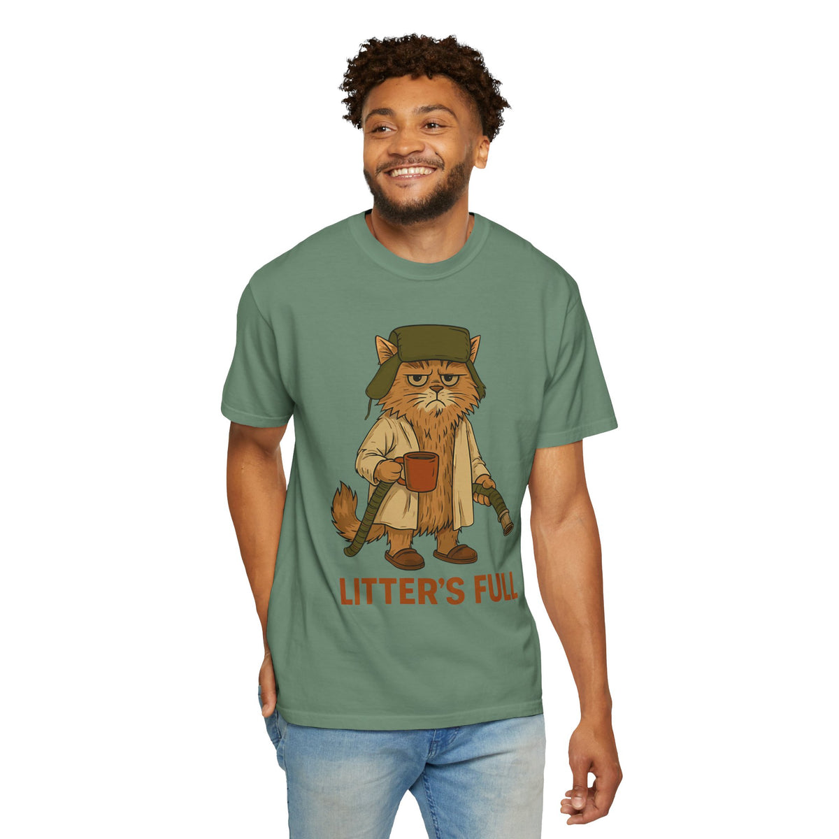 Litter's Full, Funny Cat - Comfort Colors | Trendy Men's and Women's T-Shirt. Direct to Garment. Printed & Shipped in the USA. Unisex Sizes.