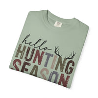 Hello Hunting Season Goodbye Husband Camouflage Wife - Comfort Colors | Trendy Women's T-Shirt. Direct to Garment. Printed & Shipped in the USA. Unisex Sizes.