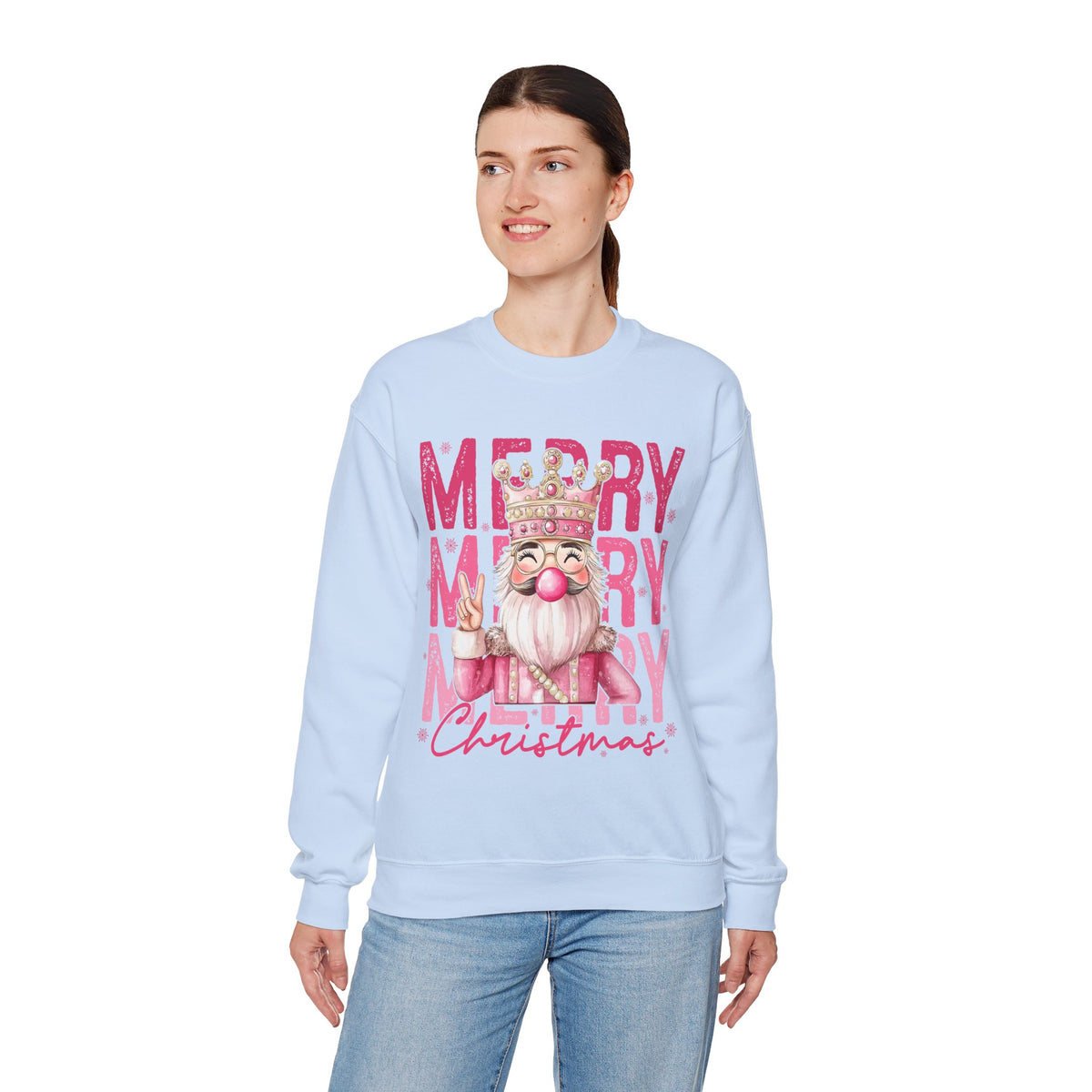 Merry Christmas - Cute Pink Bubblegum Nutcracker – Gildan Heavy Blend | Trendy Women’s Soft Sweatshirt. Direct to Garment. Printed & Shipped in the USA. Unisex Sizes.