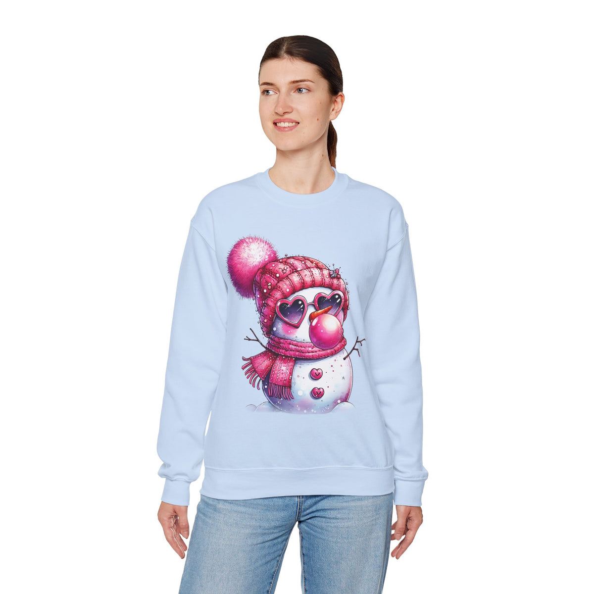 Pink Girly Snowman with Heart Sunglasses and Bubblegum - Winter – Gildan Heavy Blend | Trendy Women’s Soft Sweatshirt. Direct to Garment. Printed & Shipped in the USA. Unisex Sizes.