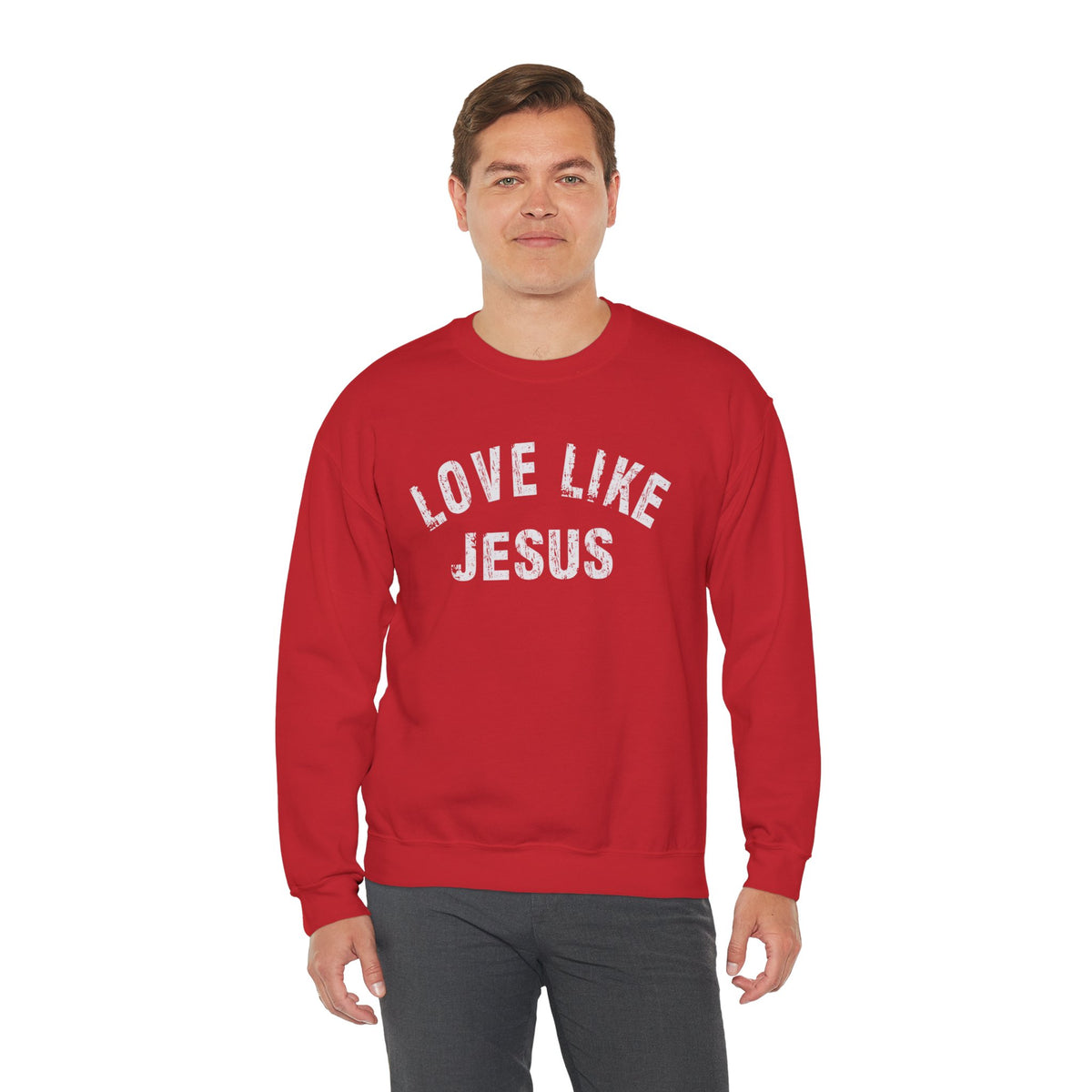 Love Like Jesus - Distressed – Gildan Heavy Blend | Trendy Men's and Women’s Soft Sweatshirt. Direct to Garment. Printed & Shipped in the USA. Unisex Sizes.