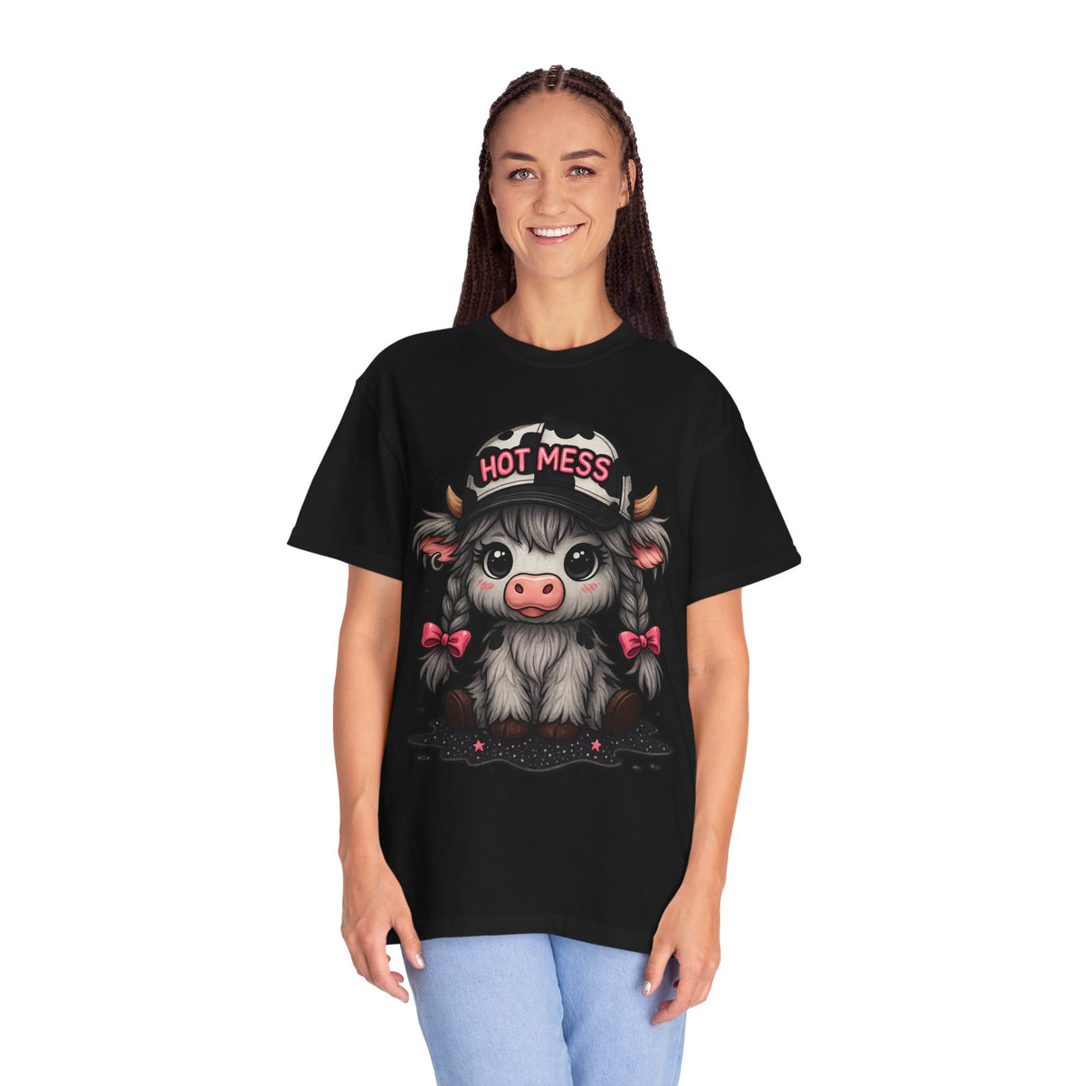 Cute Highland Cow 'Hot Mess' In Braids  - Comfort Colors | Trendy Women's T-Shirt. Direct to Garment. Printed & Shipped in the USA. Unisex Sizes.